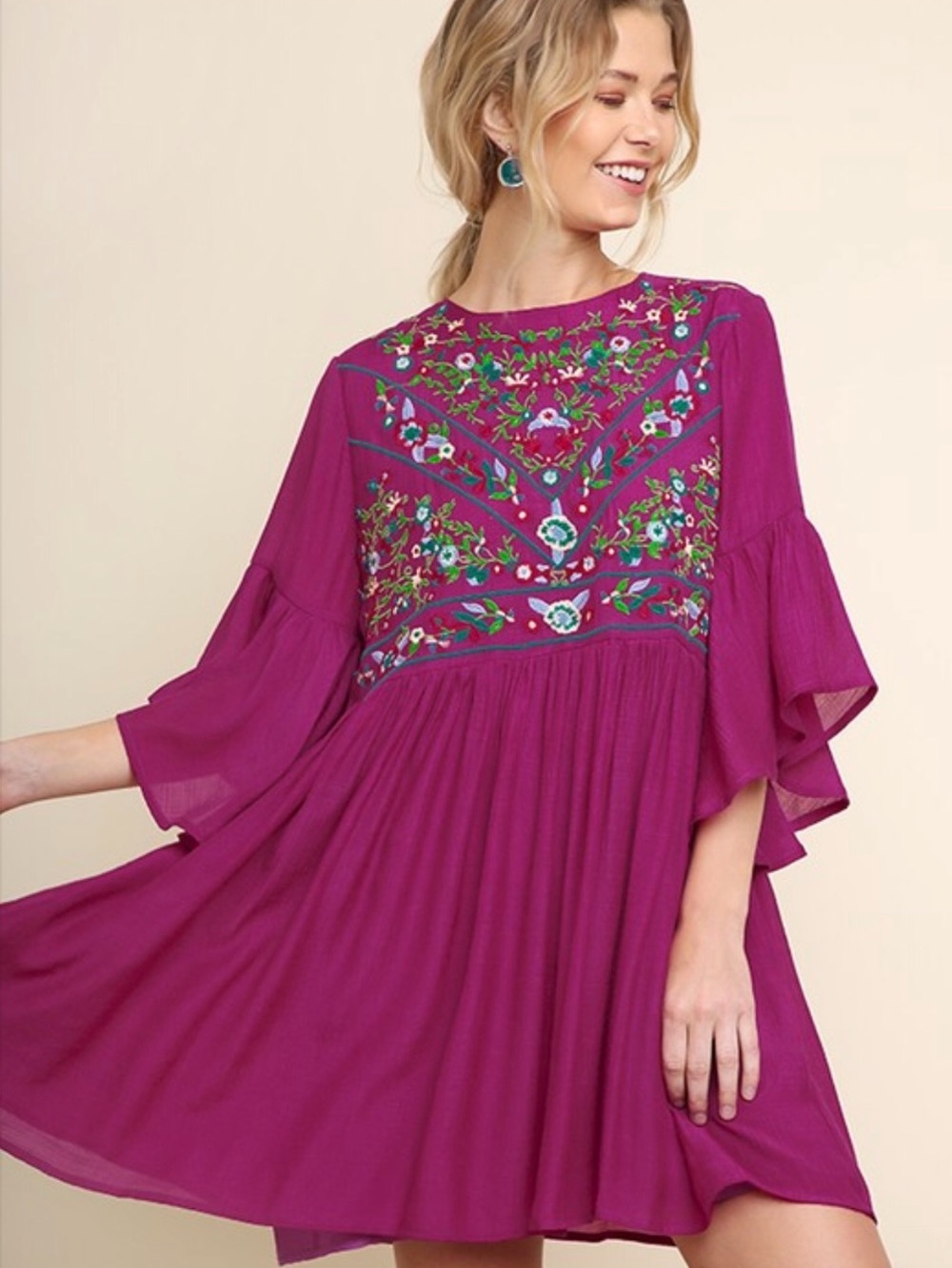 Umgee NWT Magenta Embroidered Boho Swing Dress Peasant Bell Sleeves size Small